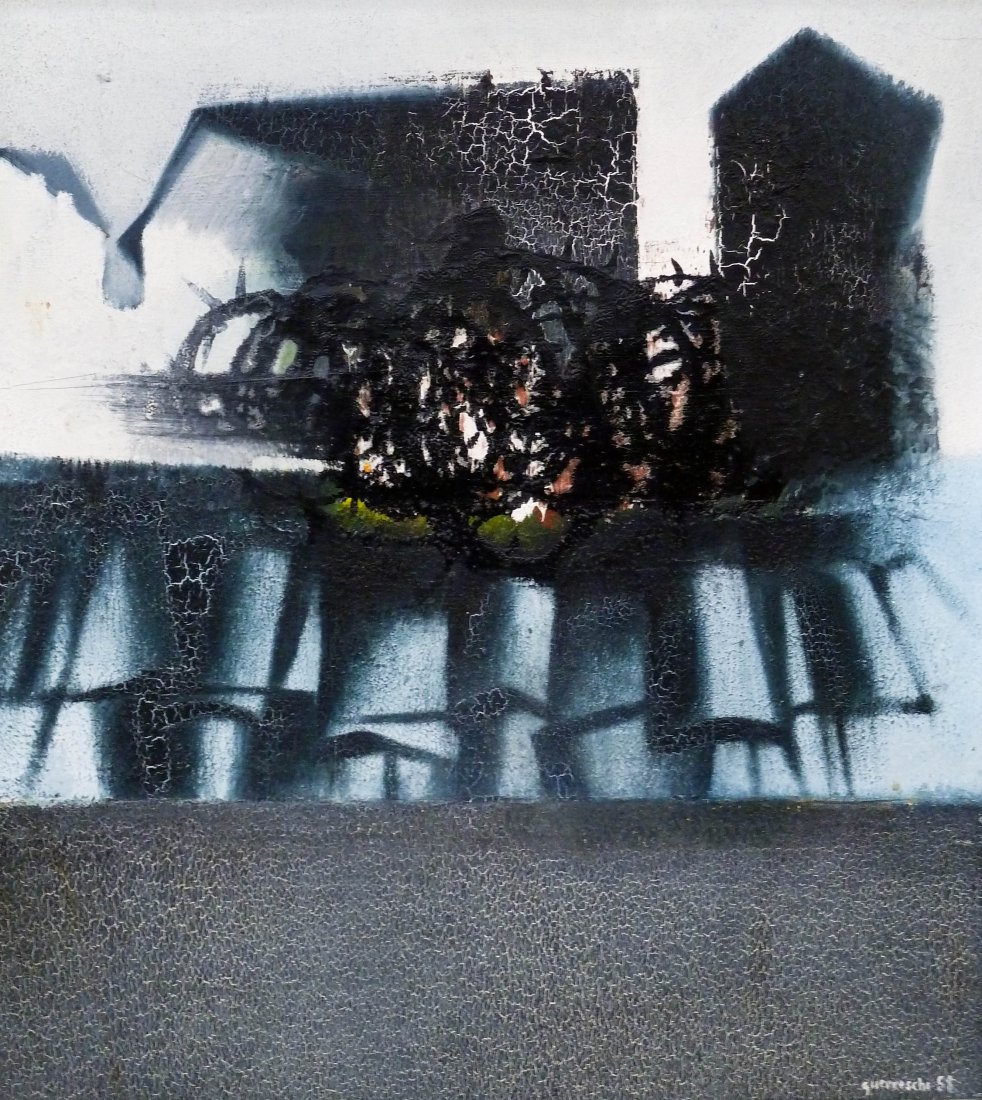 Giuseppe Guerreschi (1929-1985 Italian) ''Citta: Giuseppe Guerreschi (1929-1985 Italian) ''Citta Insorta'' (City Arose) 1958 Oil on Canvas 22''x20'' Image. A dark abstract cityscape that is signed l.r. corner. Titled on verso with San Francisco Muse