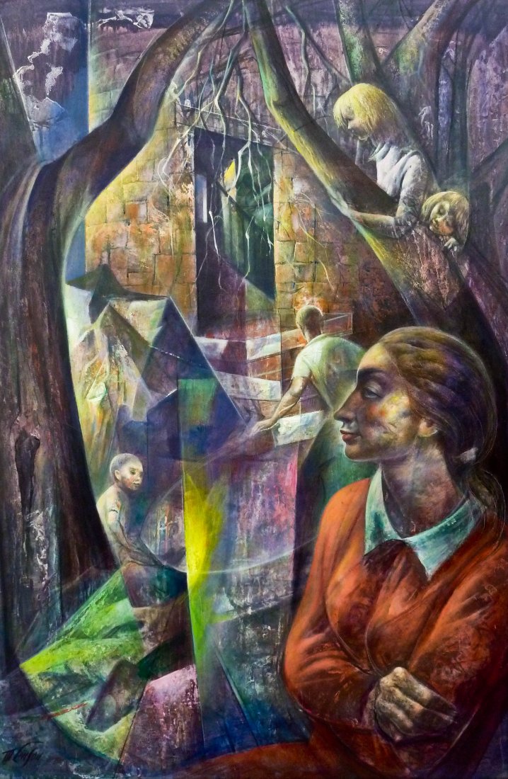 Michael Lenson (1903-1971 American) ''Lure of The: Michael Lenson (1903-1971 American) ''Lure of The Tower'' Oil on Masonite 36''x24''. Image. A stark surrealist image of a woman and children climbing trees. Signed l.l. corner and titled on verso. Tot