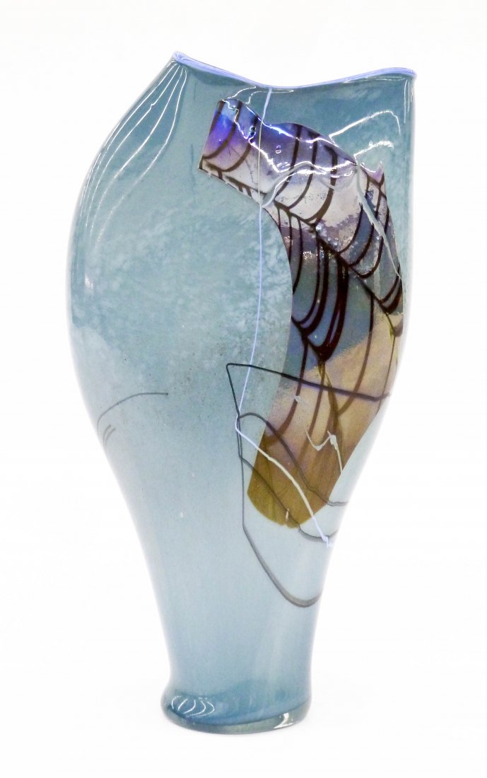 William Morris (b.1957 Washington) Blue Shard Vessel: William Morris (b.1957 Washington) Blue Shard Vessel 1980 Studio Glass 10''x5''. An early sculptural glass vase with iridescent shard motifs. Signed and dated bottom rim. Excellent condition. Search t