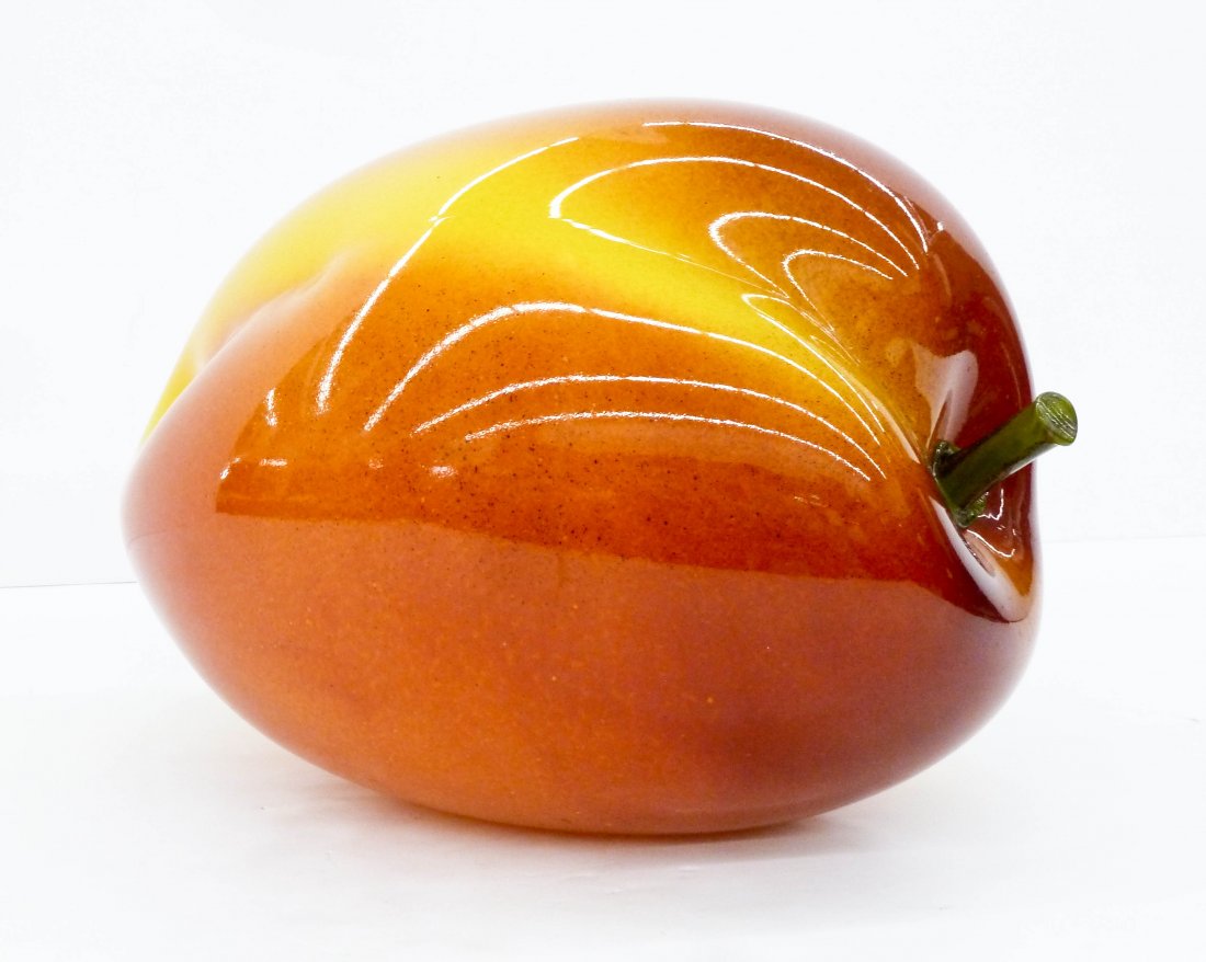 Flora Mace & Joey Kirkpatrick (b.1949/52 Washington): Flora Mace & Joey Kirkpatrick (b.1949/52 Washington) Nectarine Glass Sculpture 13''x18''x13''. A colorful large blown glass fruit from their Still Life series. Signed at side of base. Excellent condit