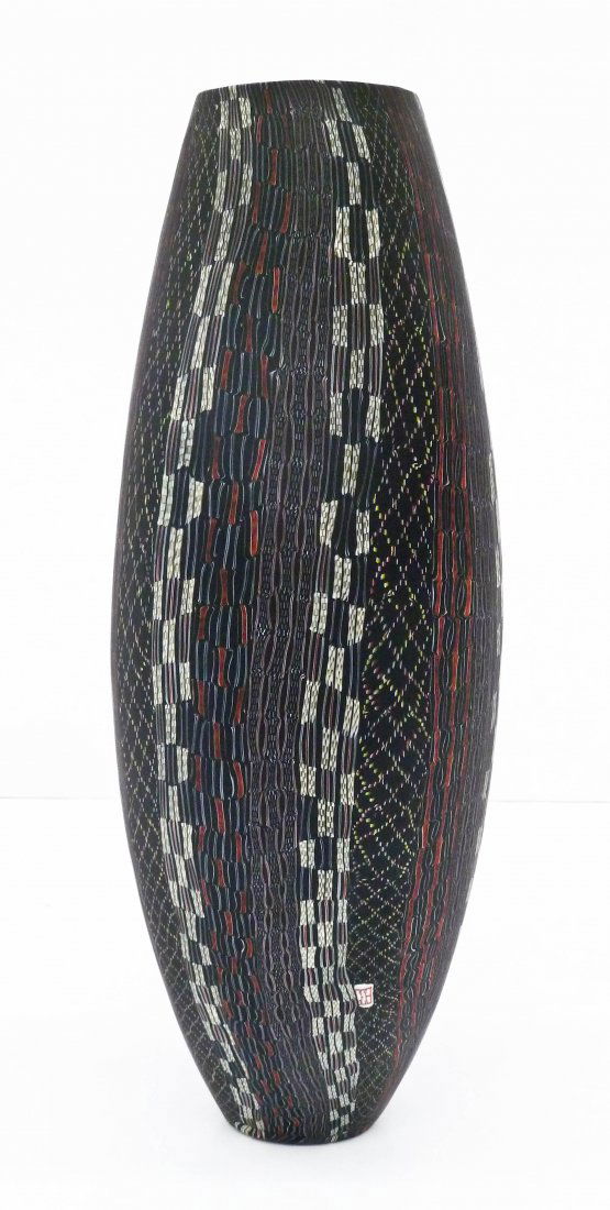 Giles Bettison (b.1966 Australian) ''Black Series: Giles Bettison (b.1966 Australian) ''Black Series No.8'' 1999 Glass Vase 17.5''x6.5''. Fused, blown, and wheel cut murrine glass. Signed and dated on bottom with title label. Impressive large form als