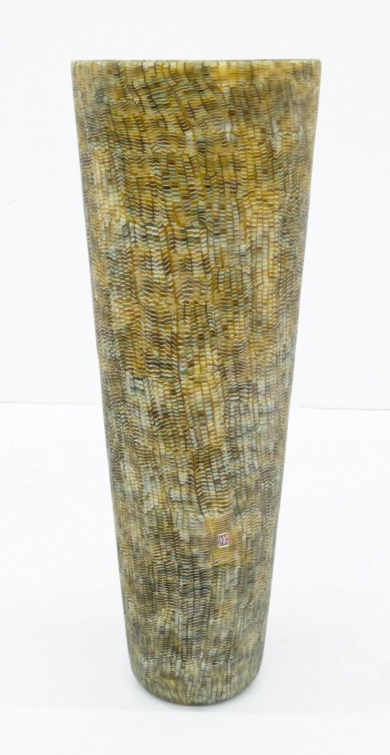 Giles Bettison (b.1966 Australian) ''Cell No.16'' 1999: Giles Bettison (b.1966 Australian) ''Cell No.16'' 1999 Glass Vase 16''x6''. Fused, blown, and wheel cut murrine glass. Signed and dated on bottom with title label. Impressive large form also has an in