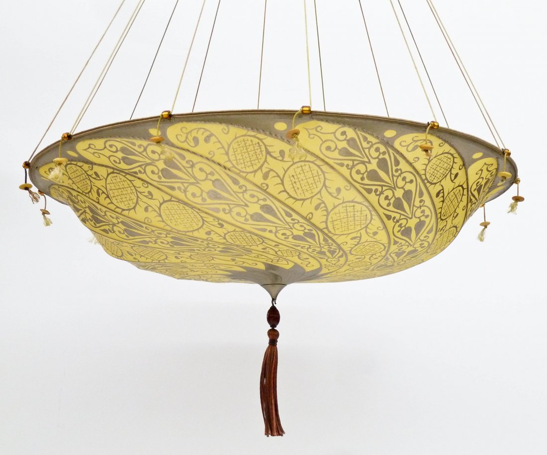 Fortuny ''Scudo Saraceno'' (Saracen Shield) Italian: Fortuny ''Scudo Saraceno'' (Saracen Shield) Italian Silk Chandelier 24''. Silver painted silk hanging light fixture with ceiling attachment. Excellent condition. Italy Designer, Fortuni.