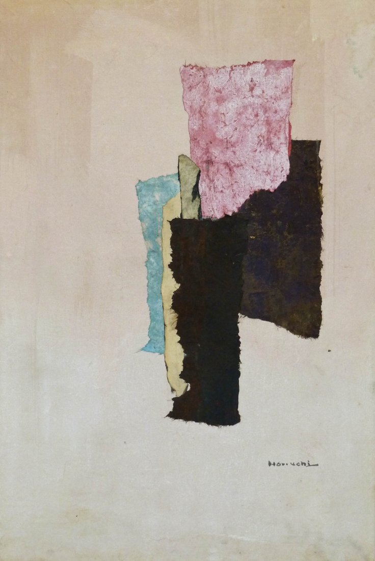 Paul Horiuchi (1906-1999 Washington) ''Ritual'' 1967: Paul Horiuchi (1906-1999 Washington) ''Ritual'' 1967 Casein Collage on Canvas 36''x24'' Image. A colorful torn paper collage that is signed l.r. corner. Francine Seders Gallery, Seattle label on verso
