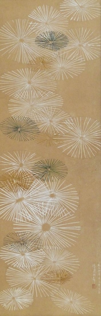 Fay Chong (1912-1973 Washington) Untitled Parasols: Fay Chong (1912-1973 Washington) Untitled Parasols Gouache on Paper 35''x11.5'' Sight. A unique abstract work by this Chinese American artist. Signed with calligraphy and seal l.r. corner. Gallery fra
