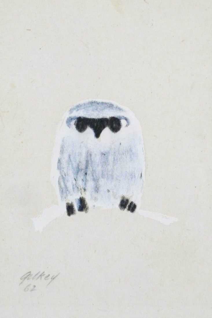 Richard Gilkey (1925-1997 Washington) ''Owl'' 1962: Richard Gilkey (1925-1997 Washington) ''Owl'' 1962 Tempera on Paper 9''x6'' Sight. A charming animal drawing signed and dated l.l. corner. Housed in silver gilt frame with a total size of 15.75''x12.5