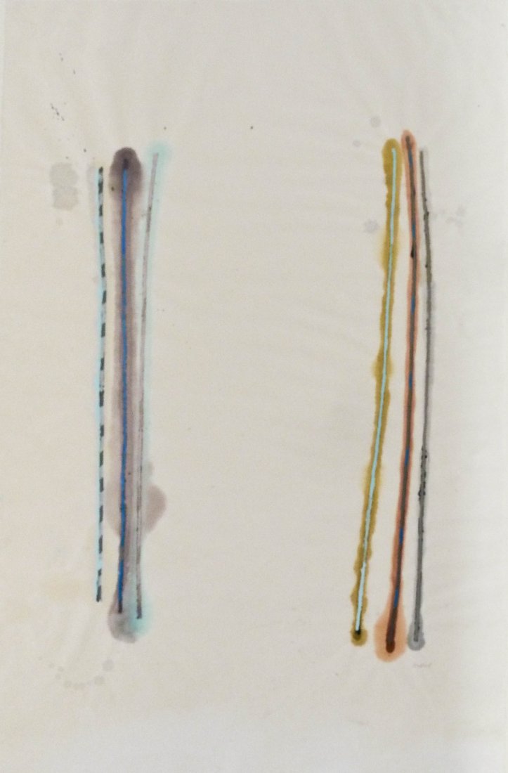 Peter Millett (b.1949 Washington) ''White One'' 1973: Peter Millett (b.1949 Washington) ''White One'' 1973 Watercolor & Gouache on Paper 36''x23.5'' Image. A colorful abstract by this well known sculptor and painter. Signed l.r. corner. Polly Friedlander