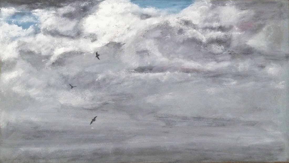 Norman Lundin (b.1938 Washington) ''A Trip to the: Norman Lundin (b.1938 Washington) ''A Trip to the Peninsula: Winter Sky and Birds'' Mixed Media on Paper 7''x12'' Image. Depicting a northwest skyscape with birds. Signed l.l. corner. Francine Seders