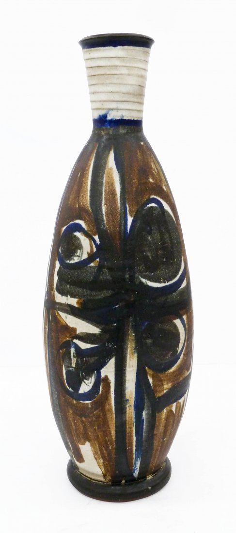Robert Sperry (1927-1998 Washington) Large Decorated: Robert Sperry (1927-1998 Washington) Large Decorated Stoneware Vase 24.5''x8.5''. Impressive wheel thrown stoneware vessel with abstract multi-colored glaze motifs. Signed on bottom with inventory lab