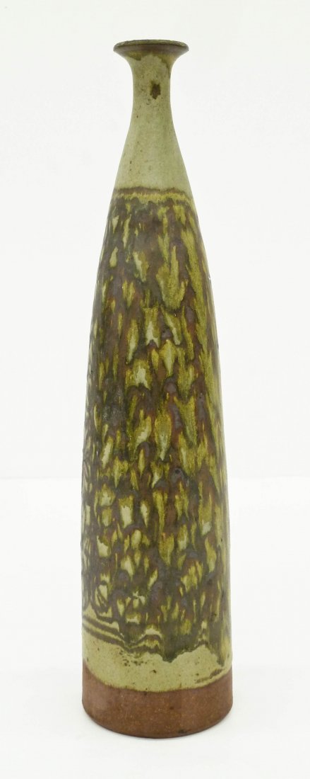 Robert Sperry (1927-1998 Washington) Stoneware Bottle: Robert Sperry (1927-1998 Washington) Stoneware Bottle Vase 15.25''x3.75''. Wheel thrown stoneware with green and brown drip glazes. Signed on bottom. Overall excellent condition. Collection of Northwe