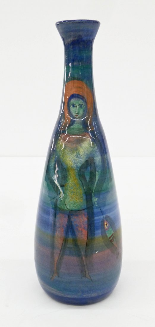 Polia Pillin (1909-1992 American) Women and Fish Bottle: Polia Pillin (1909-1992 American) Women and Fish Bottle Vase 8.5''x3''. Wheel thrown ceramic with painted standing women and fish glaze motifs. Signed on bottom. Excellent condition.