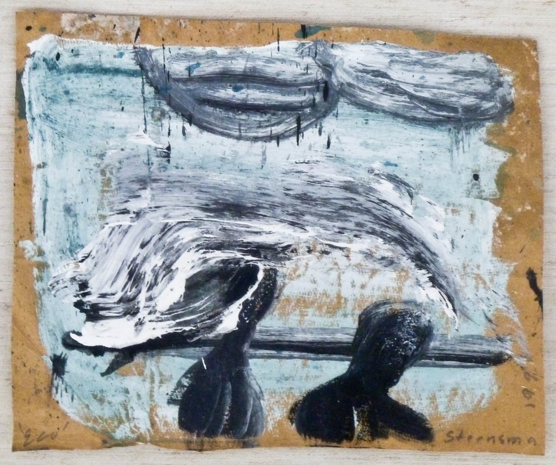 2pc Jay Steensma (1941-1994 Washington) Abstract Small: 2pc Jay Steensma (1941-1994 Washington) Abstract Small Paintings. Includes ''Eco'' Oil on Paper 7.5''x9'' (11''x13'' Framed) and Untitled House 8.5''x5.5'' Sheet (Loose). Both are signed l.r. corner. 