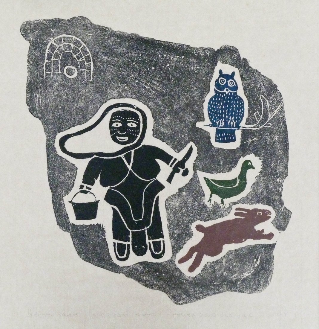 Annie Mikpigak (1900-1984 Inuit) Untitled Eskimo with: Annie Mikpigak (1900-1984 Inuit) Untitled Eskimo with Animals 1967 Color Stonecut Print 17.5''x16.6'' Sight. Pencil signed and numbered 11 of 30 edition lower margin. Total framed size 19.5''x18.5''. 