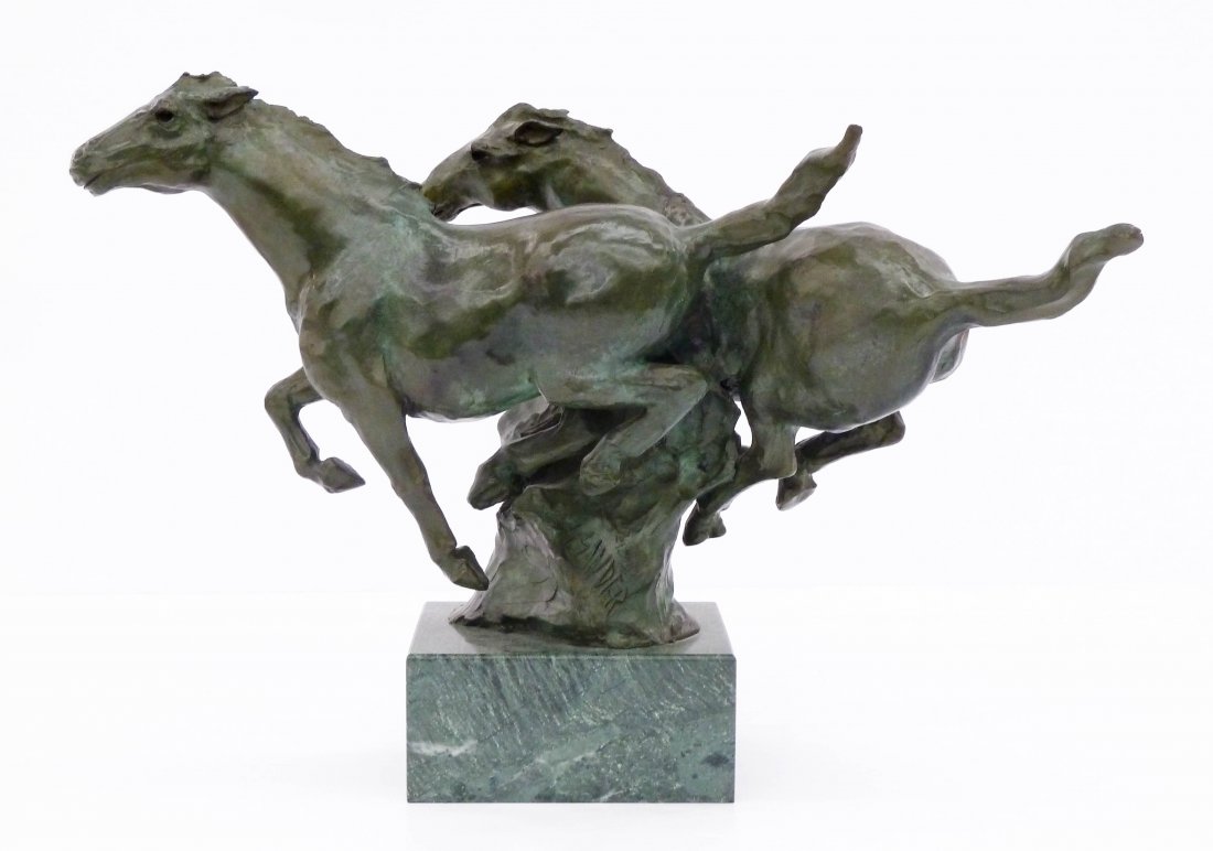 Sherry Salari Sander (b.1941 Montana) Untitled Running: Sherry Salari Sander (b.1941 Montana) Untitled Running Horses 1983 Bronze Sculpture 14.5''x19.5''. A lovely patinated bronze sculpture on green marble base. Signed and numbered 10 of 45 edition on bas