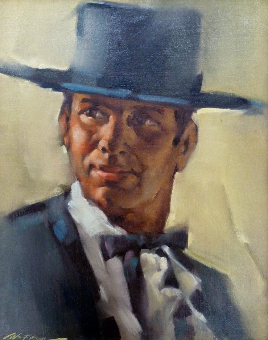 William Reese (1938-2010 Washington) Untitled Cowboy: William Reese (1938-2010 Washington) Untitled Cowboy Portrait Oil on Canvas 20''x16'' Image. A colorful impressionist western portrait. Signed l.l. corner. Total framed size 25.5''x21.5''. Excellent c