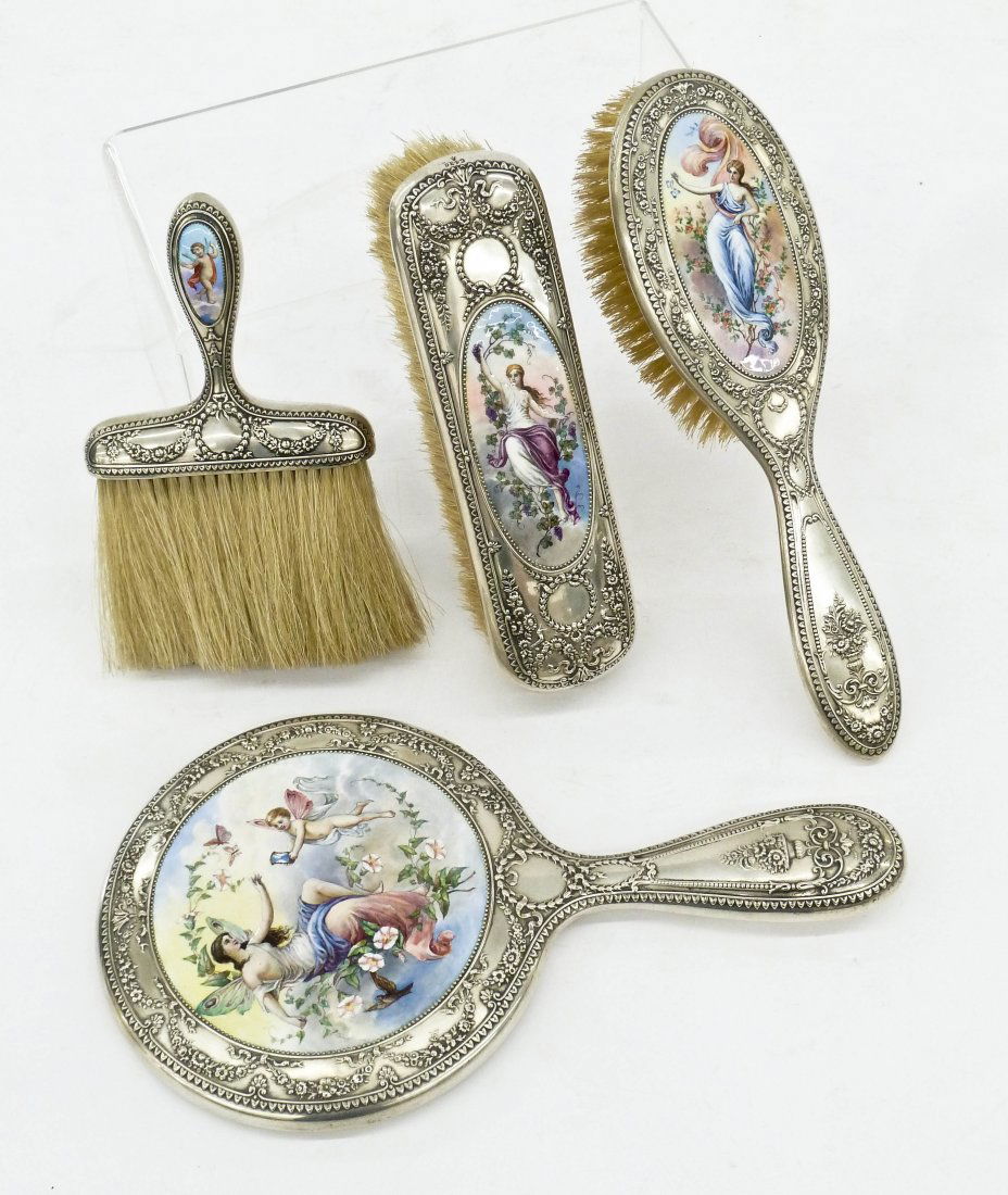 Impressive Gorham 4-Piece Enameled Silver Dresser Set.: Impressive Gorham 4-Piece Enameled Silver Dresser Set. Lot includes a hand mirror 9.5'', a hair brush 9'', a flat brush 7'', and a dust broom 6''. Each has finely enameled scenes of polychrome nude wo