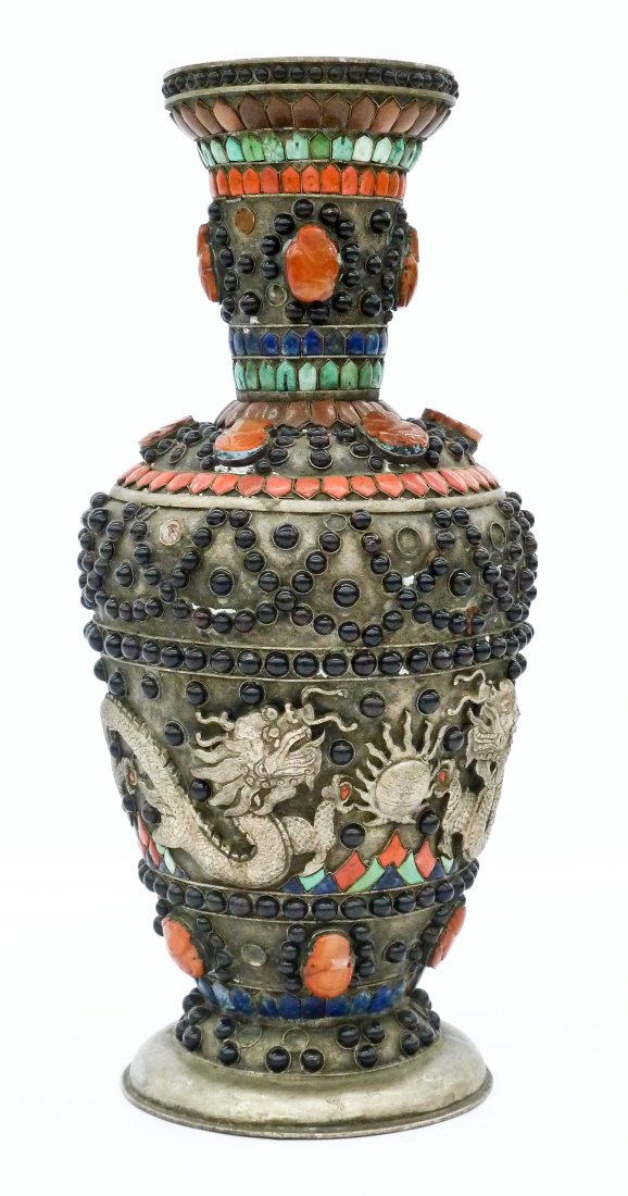 Old Mongolian Silvered Copper Dragon Vase: Old Mongolian Silvered Copper Dragon Vase 16.75''x7.5''. Highly decorated vase has repousse dragons chasing a central flaming pearl. Applied amber beading throughout with coral, turquoise, lapis, and 