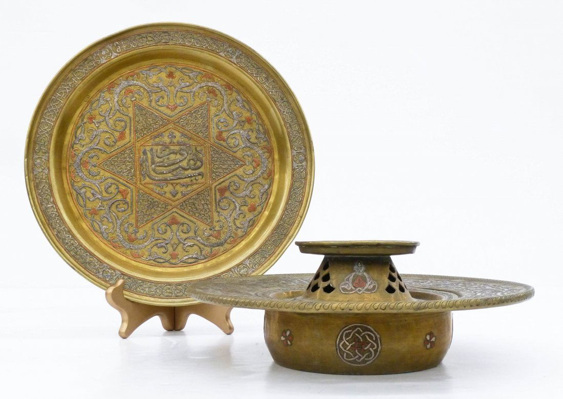2pc Antique Persian Inlaid Silver Bowl & Tray. Both: 2pc Antique Persian Inlaid Silver Bowl & Tray. Both have silver and copper inlaid arabic calligraphy over brass bodies. Includes a round tray 12'' and an incense burner or hand warmer covered bowl 12'
