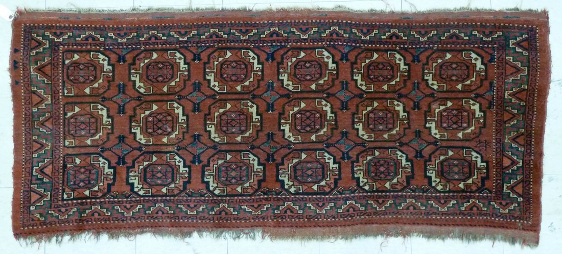 3pc Antique Turkish Bokhara Scatter Rugs. Lot includes: 3pc Antique Turkish Bokhara Scatter Rugs. Lot includes a 2'6''x6'' runner, 3'x3'5'' bag face, and a 3'2''x3'6'' small rug with cut down border. Oriental carpets are worn.