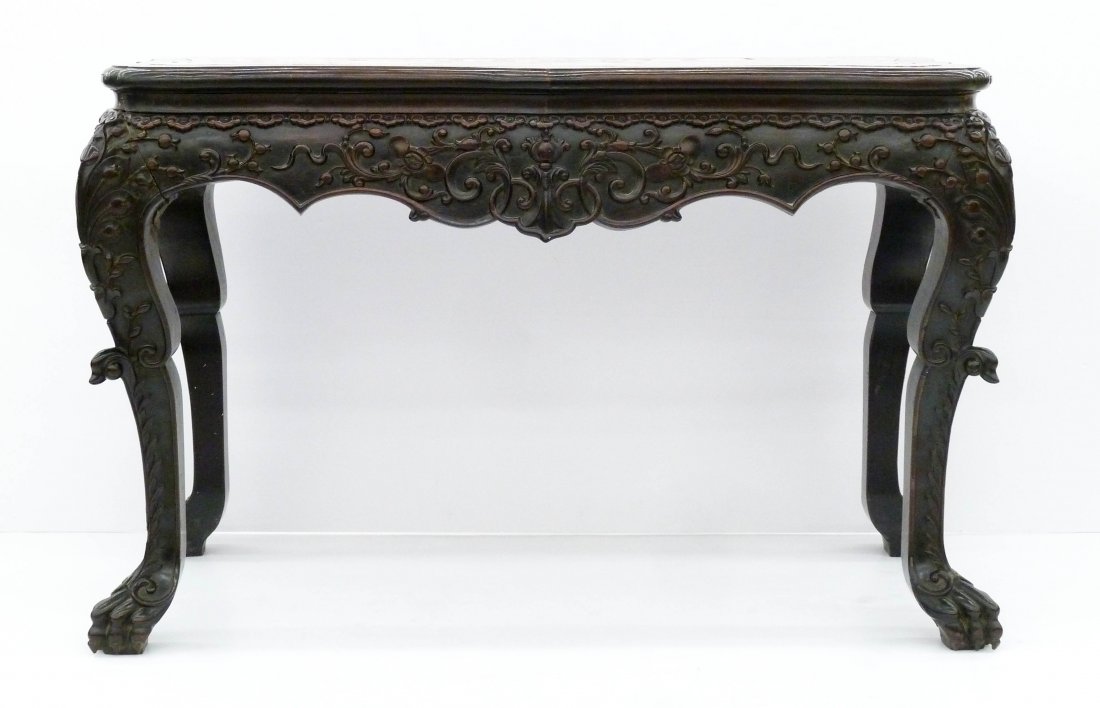 Impressive Antique Chinese Rosewood Altar Table: Impressive Antique Chinese Rosewood Altar Table 33''x50''x23''. Ornately carved with claw feet and scrolling poppy flower motifs around exterior. Inset red marble top. Possibly made for the European m