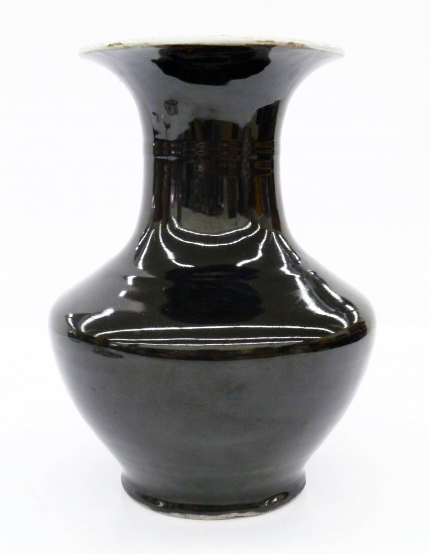 Antique Chinese Mirror Black Monochrome Porcelain Vase: Antique Chinese Mirror Black Monochrome Porcelain Vase 12.25''x8.5''. Stark black consistent monochrome glaze over low shoulder baluster vase form. Drilled base that is filled with metal plug, otherwi