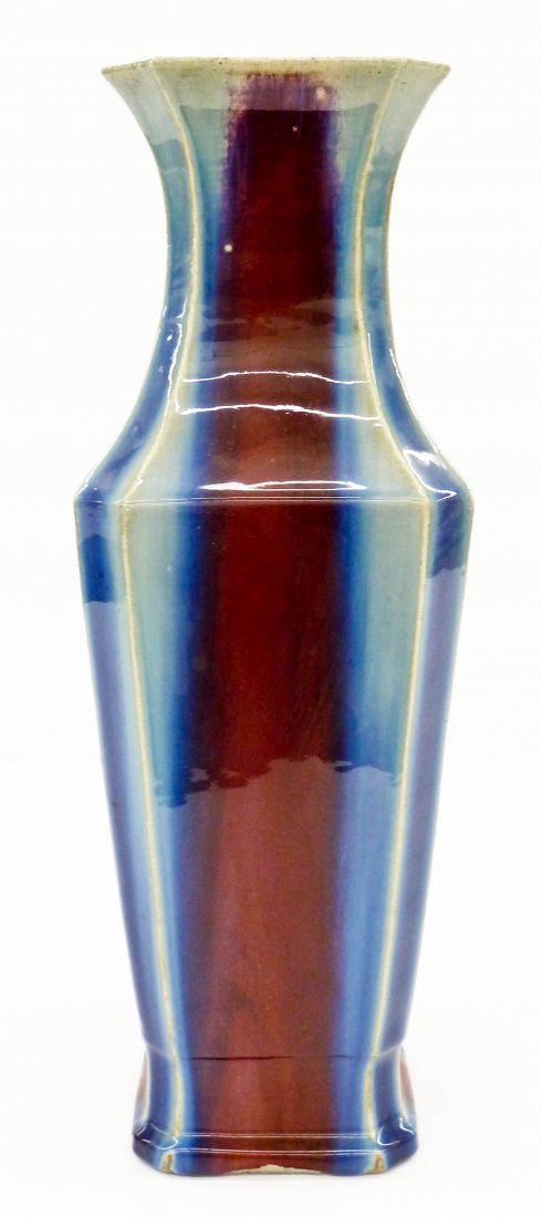 Antique Chinese Flambe Glazed Large Porcelain Vase: Antique Chinese Flambe Glazed Large Porcelain Vase 23''x8''. Impressive hexagonal form with deep blue and oxblood (sang de boeuf) red glazes. Kiln chipping to bottom foot original to manufacture. Exce