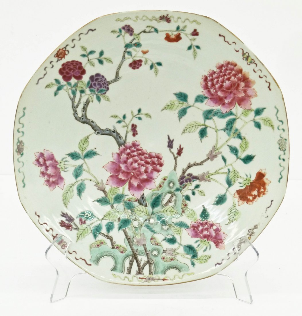Old Chinese Lotus Flower Famille Rose Porcelain Charger: Old Chinese Lotus Flower Famille Rose Porcelain Charger 2.25''x14'' Diameter. Polychrome enameled with blossoming lotus flowers. Hexagonal form with the eight buddhist objects around rim. Decorated on