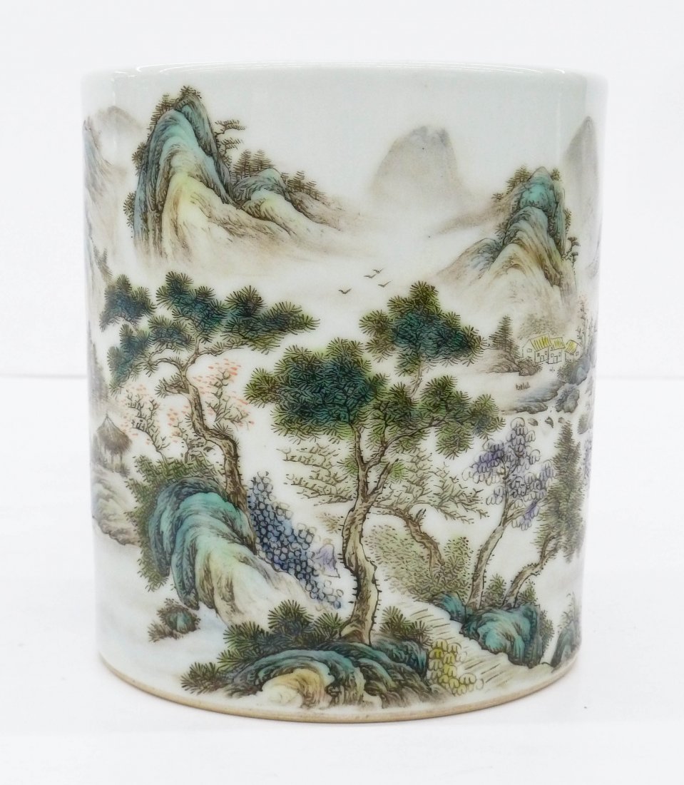 A Fine Chinese Porcelain Brush Pot 6''x5.25''.: A Fine Chinese Porcelain Brush Pot 6''x5.25''. Intricately enameled with vast mountainous landscape with temples. Signed with calligraphy and seal mark on top rim. Red enameled stylized chop seal arti