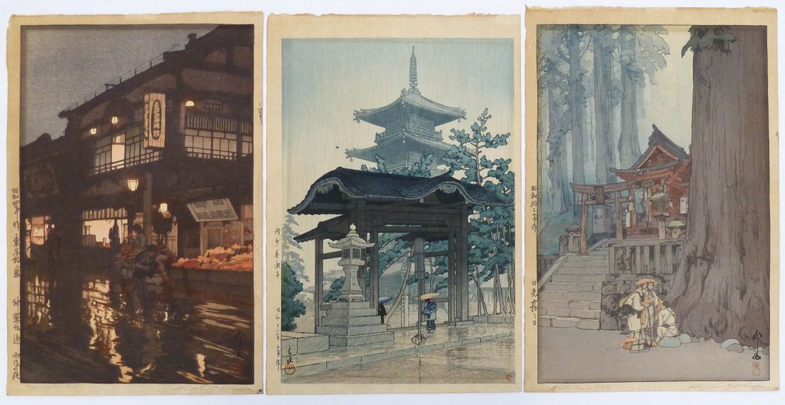 3pc Hiroshi Yoshida & Kawase Hasui Japanese Woodblock: 3pc Hiroshi Yoshida & Kawase Hasui Japanese Woodblock Prints Oban Size. Images include ''Kagurazaka Dori'', ''Misty Day in Nikko'', and ''Zentsuji Temple in Rain''. Yoshidas are plate signed. All have