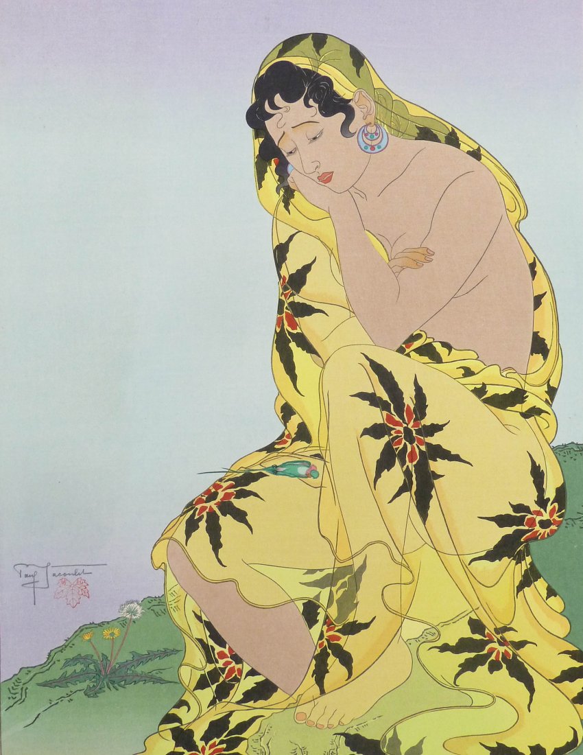 Paul Jacoulet ''La Perruche Morte Celebes'' Japanese: Paul Jacoulet ''La Perruche Morte Celebes'' Japanese Woodblock Print 18.5''x14.25'' Sheet. Pencil signed and numbered 188 of 350 stamp on verso. Strong color with light mat toning. Full margins. Loose