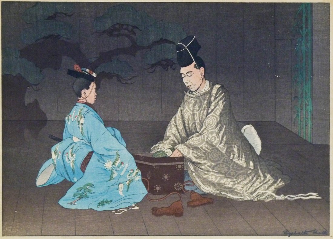 Elizabeth Keith ''Kongo in Okina, Japan'' Japanese: Elizabeth Keith ''Kongo in Okina, Japan'' Japanese Woodblock Print 13''x18.25'' Sheet. Pencil signed l.r. corner. Toning throughout with light fading. Full margins. Total framed size 17.5''x23.5''.