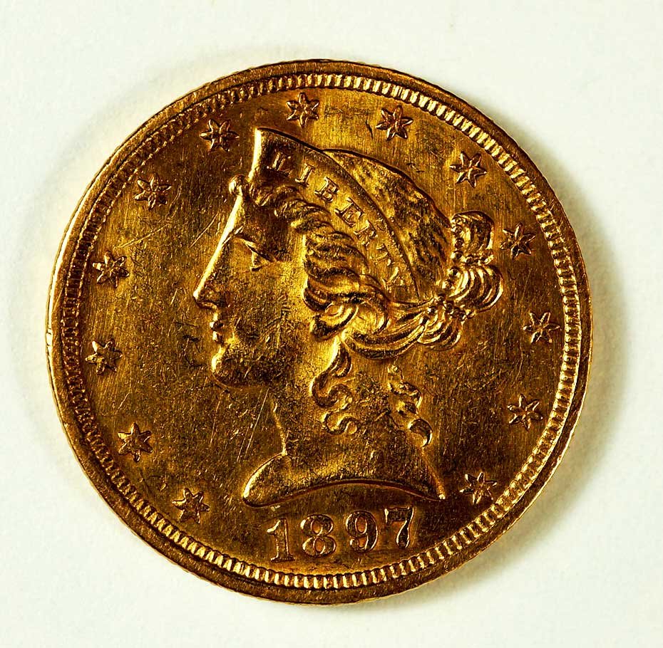 Gold 1897 US Liberty Head $5 Half Eagle Coin w/Motto, (1 of 2)