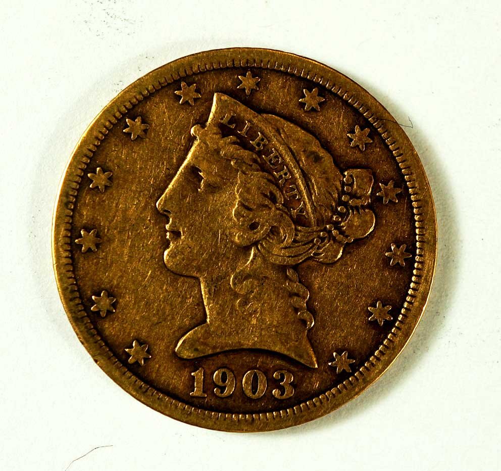 Gold 1903-S USLiberty Head $5 Half Eagle Coin w/Motto, (1 of 2)