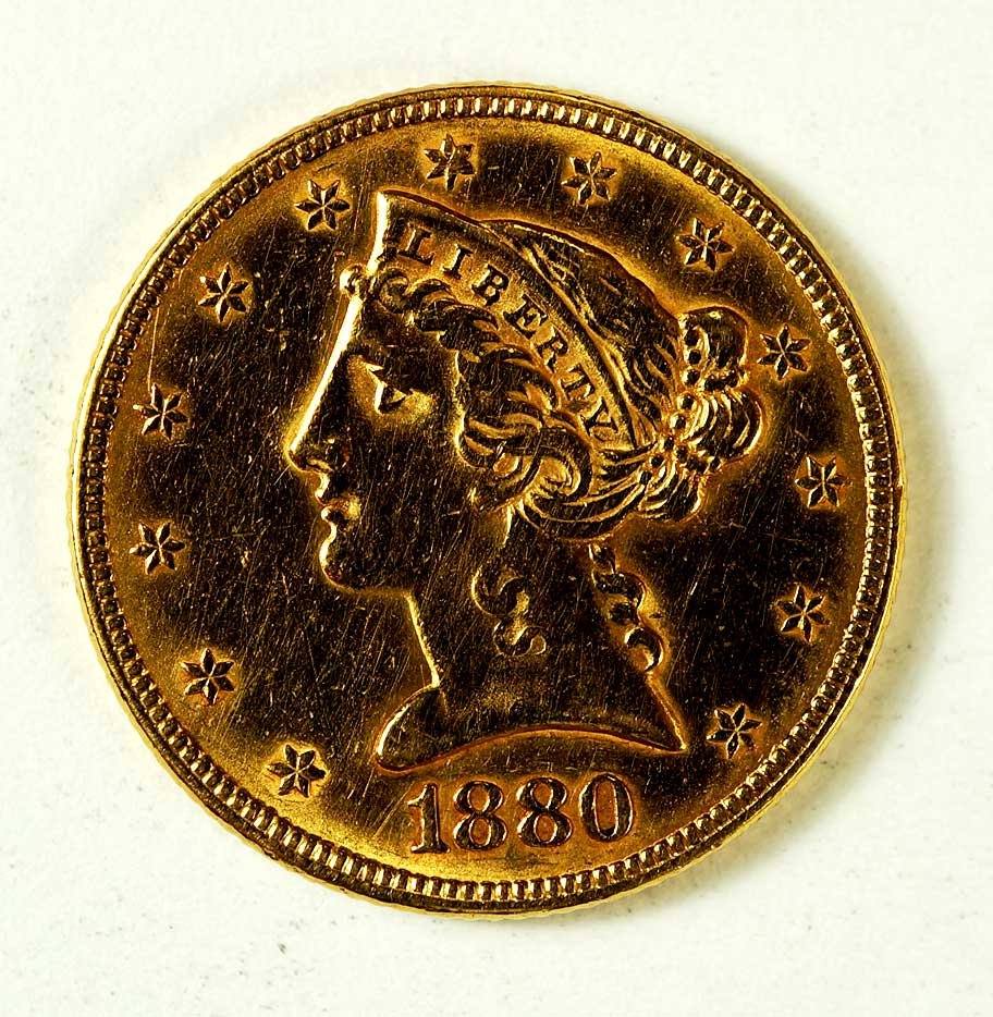 Gold 1880 US Liberty Head $5 Half Eagle Coin, 8.4gr (1 of 2)