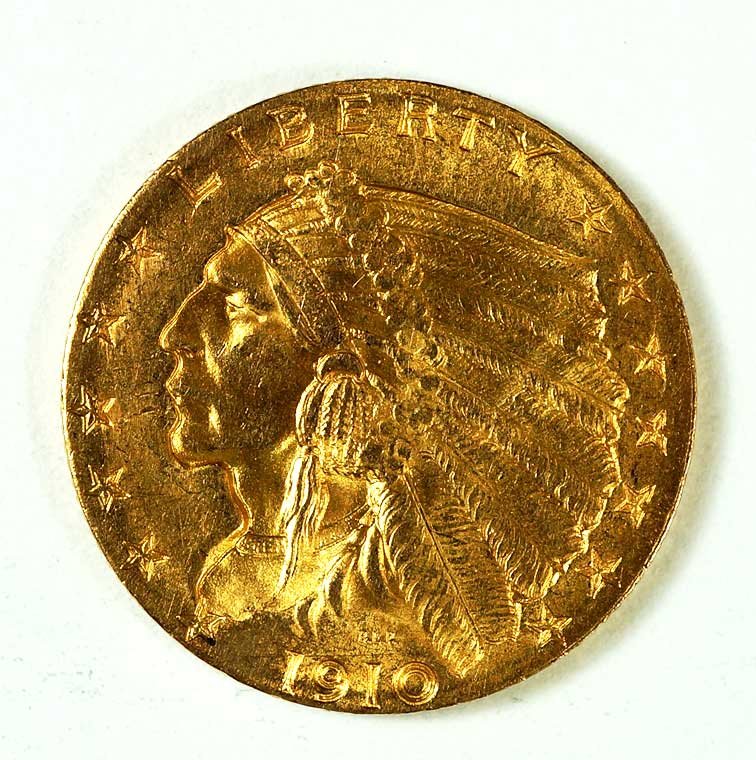 Gold 1910 US Indian Head $2.50 Quarter Eagle Gold Coin, (1 of 2)