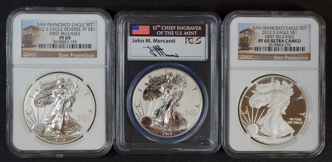 (3) 2012-S $1 Silver Eagle Coins, PF69 Ultra Cameo & (1 of 1)