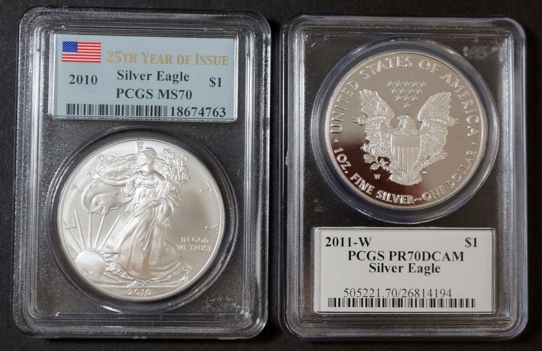 (2) Silver Eagles, 2010 25th Year of issue, PCGS MS70 & (1 of 1)
