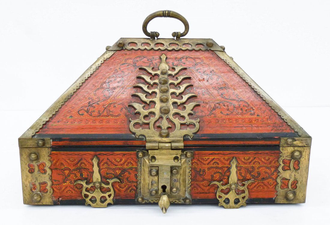 Old India Polychrome Dowry Box 9''x14.5''x10.5''.: Old India Polychrome Dowry Box 9''x14.5''x10.5''. Indian pyramidal painted wood box with brass hand worked hinges. Comes with original receipt from Natesan's Antiqarts P. Ltd. Bombay India 1984. Overa