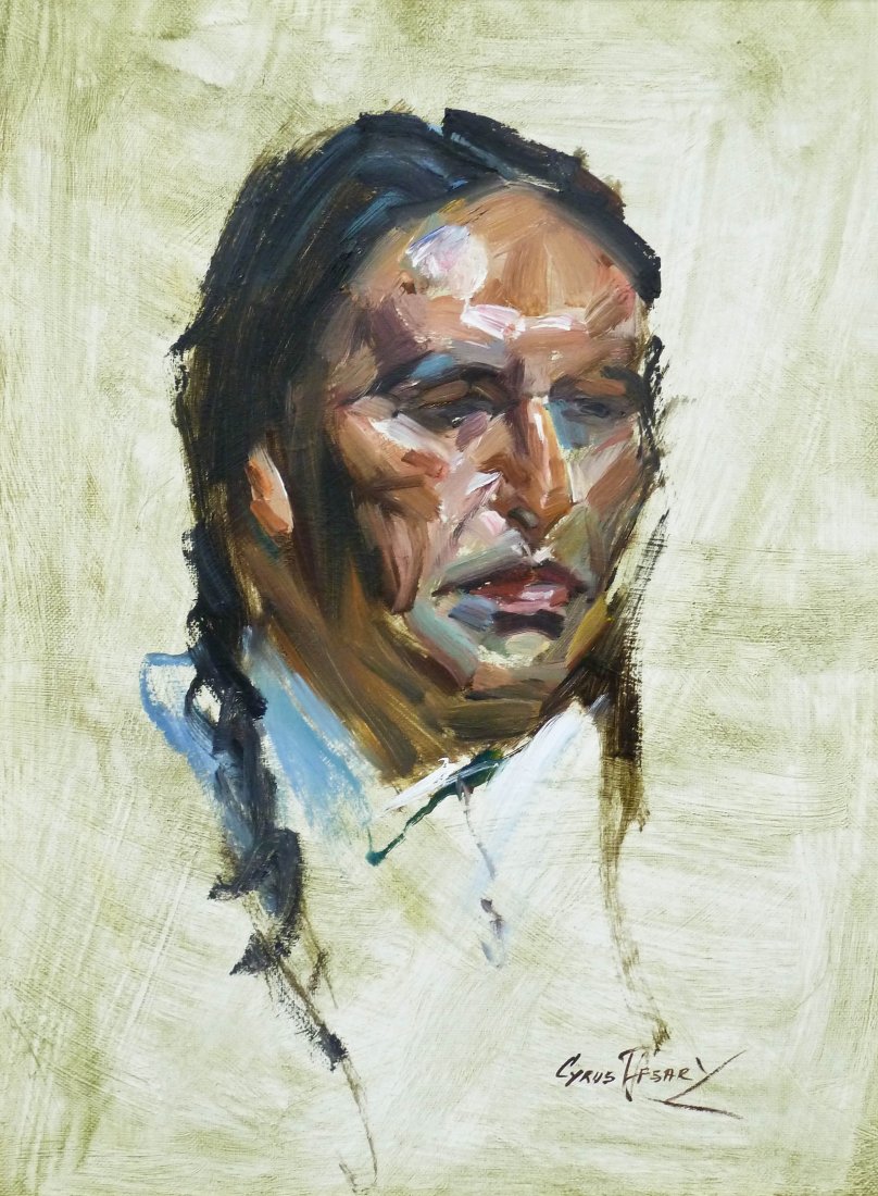 Cyrus Afsary (b.1940 Arizona) Indian Portrait Oil on: Cyrus Afsary (b.1940 Arizona) Indian Portrait Oil on Canvas 16''x12'' Image. Singed l.r. and housed in original frame. Total size 21.5''x17.5''. Excellent condition. Western Artist, Native.