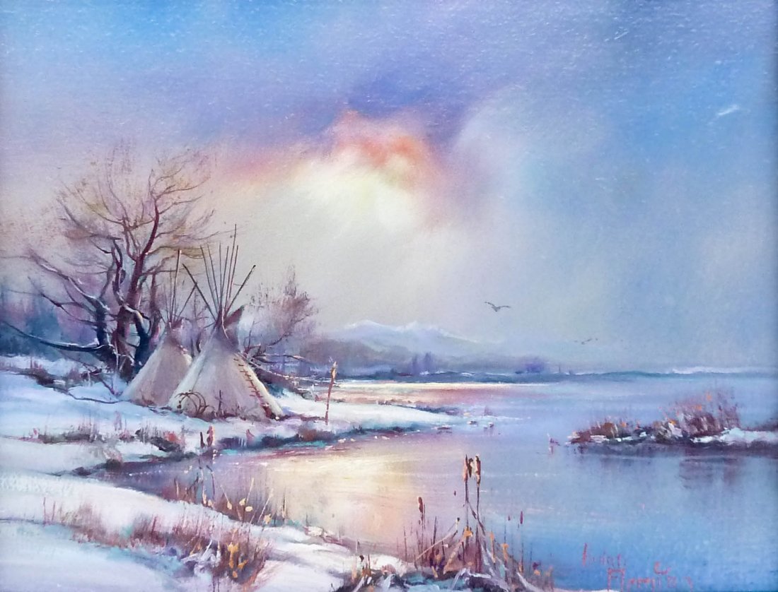 Hulan Fleming (b.1933 Washington) ''Crow Camp'' Oil on: Hulan Fleming (b.1933 Washington) ''Crow Camp'' Oil on Board 11''x14'' Image. A colorful winter scene with native teepees. Signed l.r. corner. Housed in original frame with a total size of 18.5''x21.5