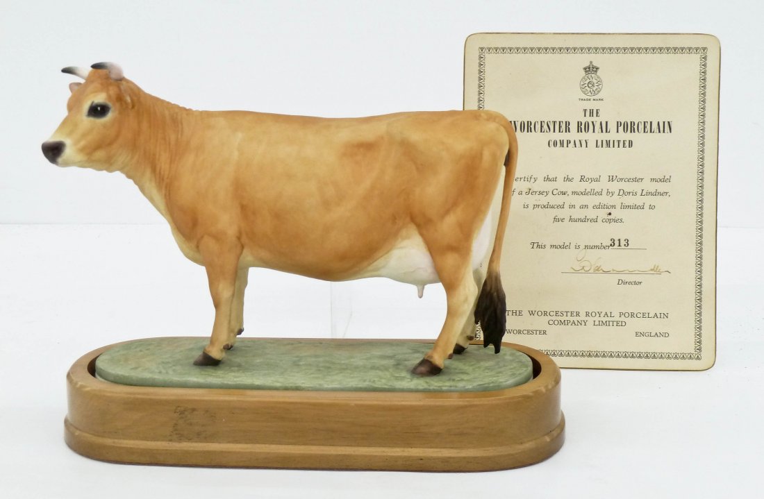 Royal Worcester ''Jersey Cow'' 1961 Porcelain Figure: Royal Worcester ''Jersey Cow'' 1961 Porcelain Figure 7.5''x10''. Modelled by Doris Lindner and is numbered 313 of 500 edition with original certificate. Excellent condition with fitted wood base.