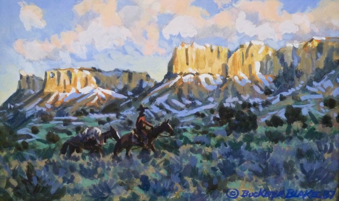 Buckeye Blake (b.1946 Montana) ''The Drifter'' 1987: Buckeye Blake (b.1946 Montana) ''The Drifter'' 1987 Gouache on Board 4.5''x7.5'' Image. A colorful western scene of cowboys on horseback. Signed l.r. corner with artist title label on verso. Housed in