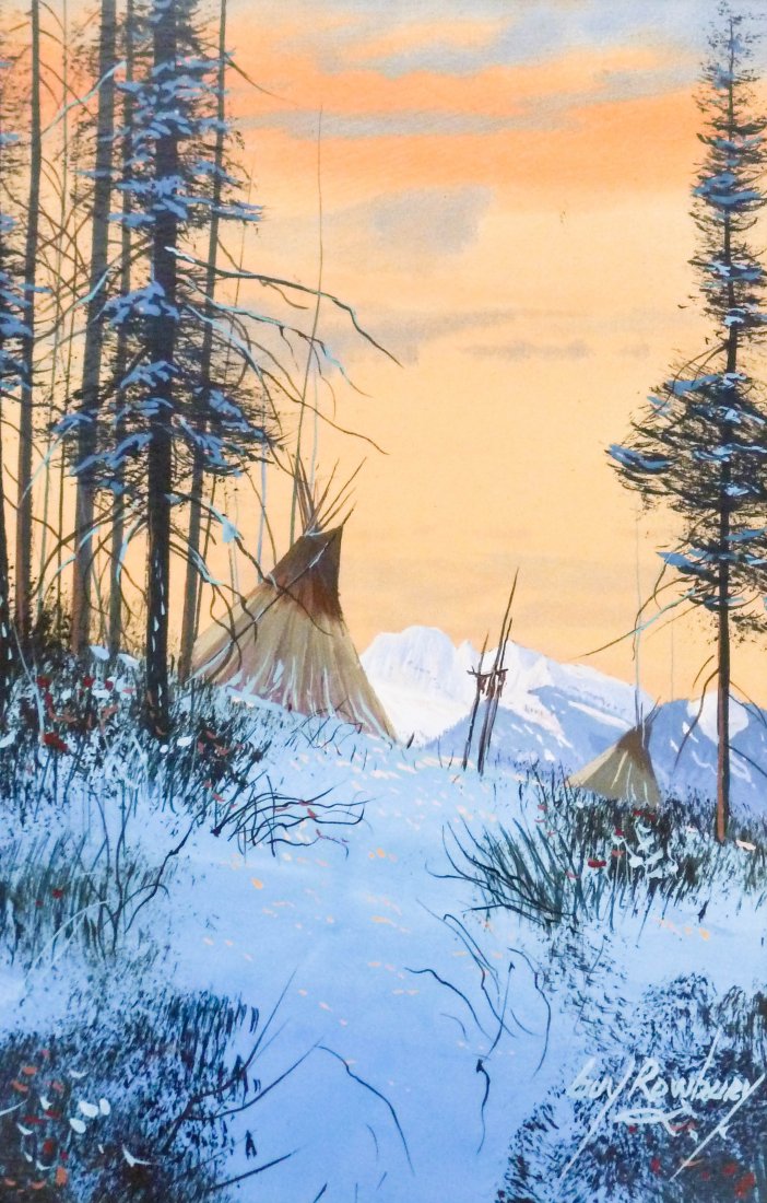 Guy Rowbury (20th Cent. Montana) ''Sunrise'' Gouache on: Guy Rowbury (20th Cent. Montana) ''Sunrise'' Gouache on Paper 8.5''x5.5'' Image. A colorful winter landscape with Native Teepees. Signed l.r. with The Crows Nest Gallery, Montana label on verso. Total