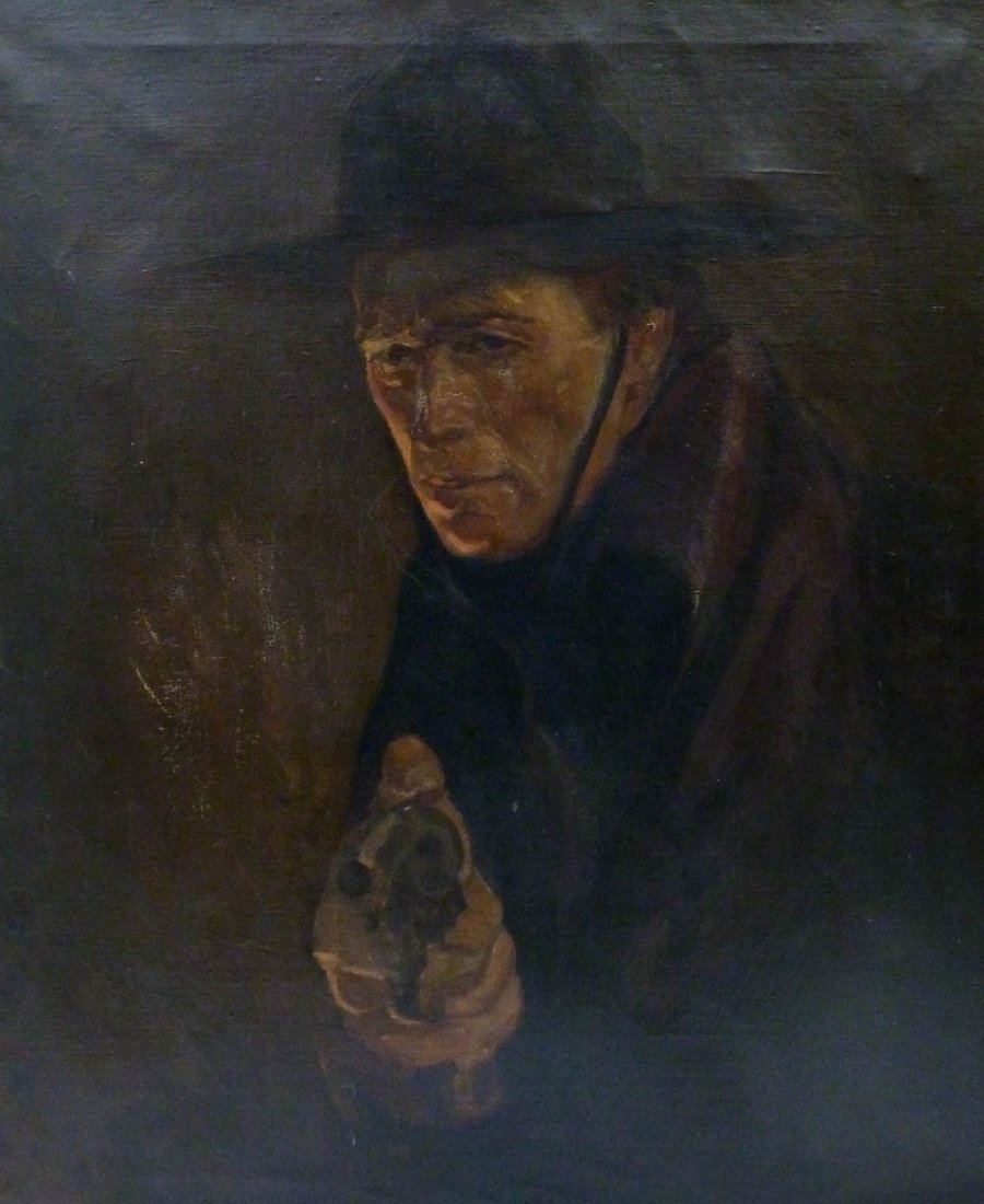 Attributed to James Montgomery Flagg (1877-1960 New: Attributed to James Montgomery Flagg (1877-1960 New York) Portrait of William S. Hart Silent Film Actor Oil on Canvas 30''x25'' Image. A stark portrait of this famous western silent movie actor holdin