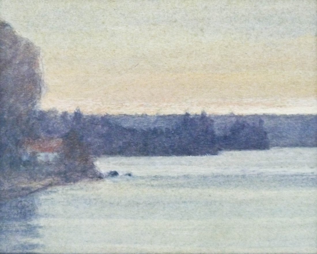 Russell Chatham (b.1939 American) ''Summer Evening on: Russell Chatham (b.1939 American) ''Summer Evening on Vashon Island'' 1987 Acrylic on Board 4''x5'' Image. Signed and dated l.l. corner with artist letterhead on verso. Total framed size 15''x15''. Ex