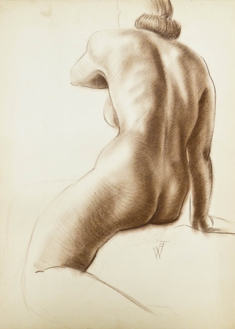 7pc William Burden Jr. (b.1919 American) Figure Study: 7pc William Burden Jr. (b.1919 American) Figure Study Charcoal on Paper. Sheets measure 24''x18'' and 18''x14'' each. A few are initialed at bottom. These were found loose in a folio. Overall edge wea