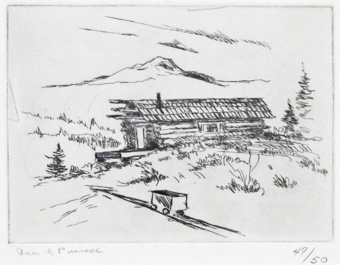 Ace Powell (1912-1978 Montana) Untitled Cabin Etching: Ace Powell (1912-1978 Montana) Untitled Cabin Etching 5''x7'' Impression. Pencil signed and numbered 49 of 50 edition. Total framed size 10.5''x12.5''. Excellent condition.