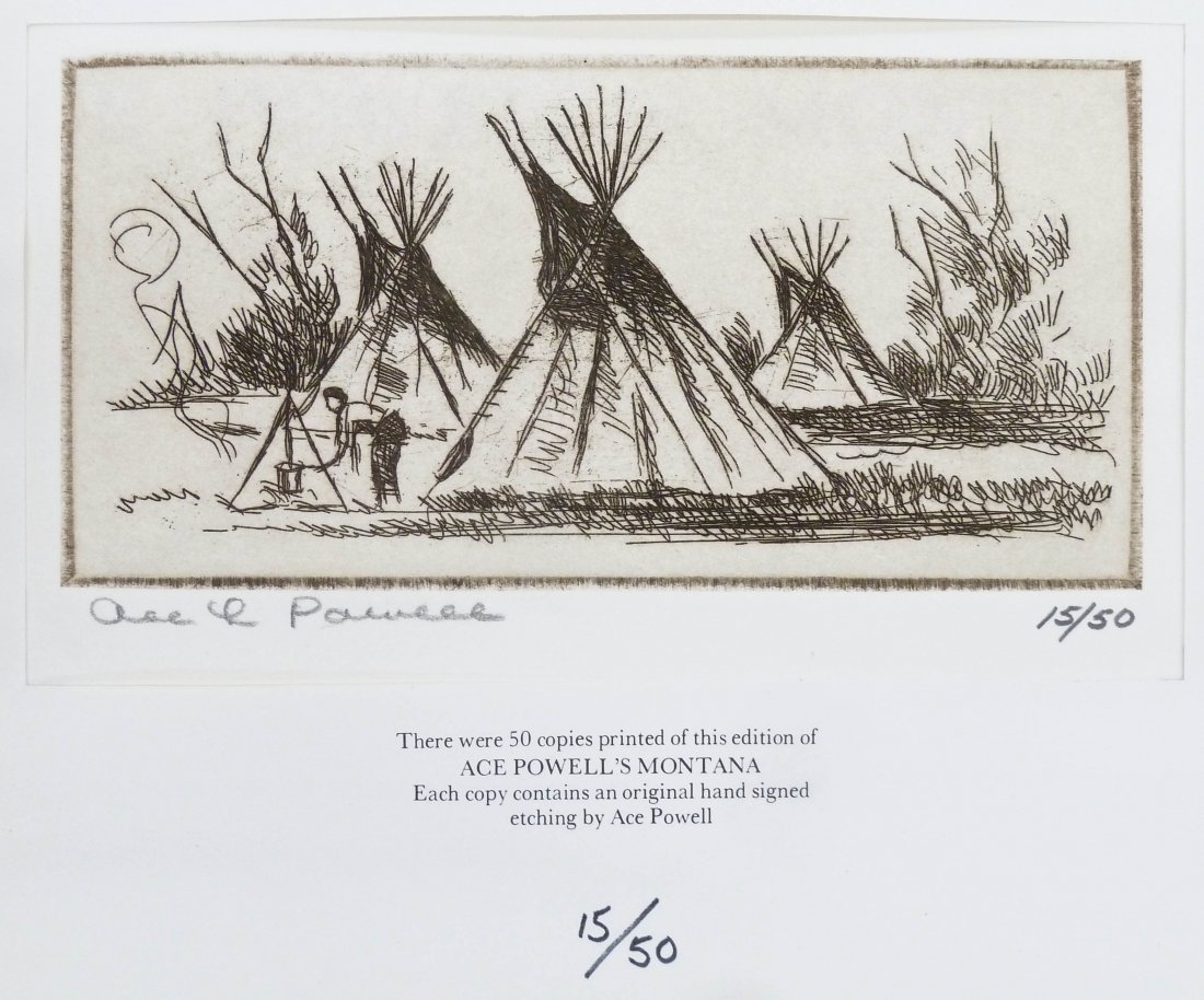 ''Ace Powell's Montana'' by J.M. Moynahan Limited: ''Ace Powell's Montana'' by J.M. Moynahan Limited Edition Book in Slipcase 8.25''x10.75''. It comes with a pencil signed and numbered 15 of 50 edition etching of teepees inside the front cover 3''x6''