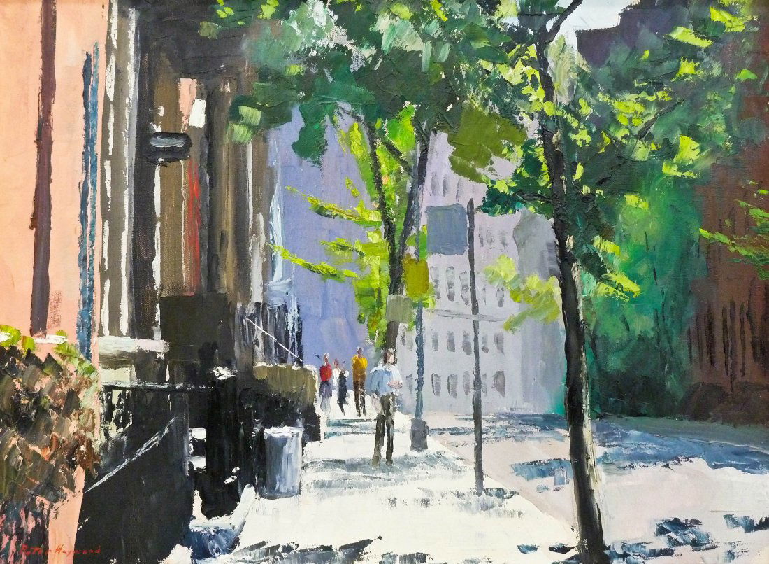 Peter Hayward (1905-1993 American) ''11th Street from: Peter Hayward (1905-1993 American) ''11th Street from 4th Street'' New York Oil on Canvas 18''x24'' Image. A colorful street scene oil with figures signed l.l. corner. Housed in original carved frame