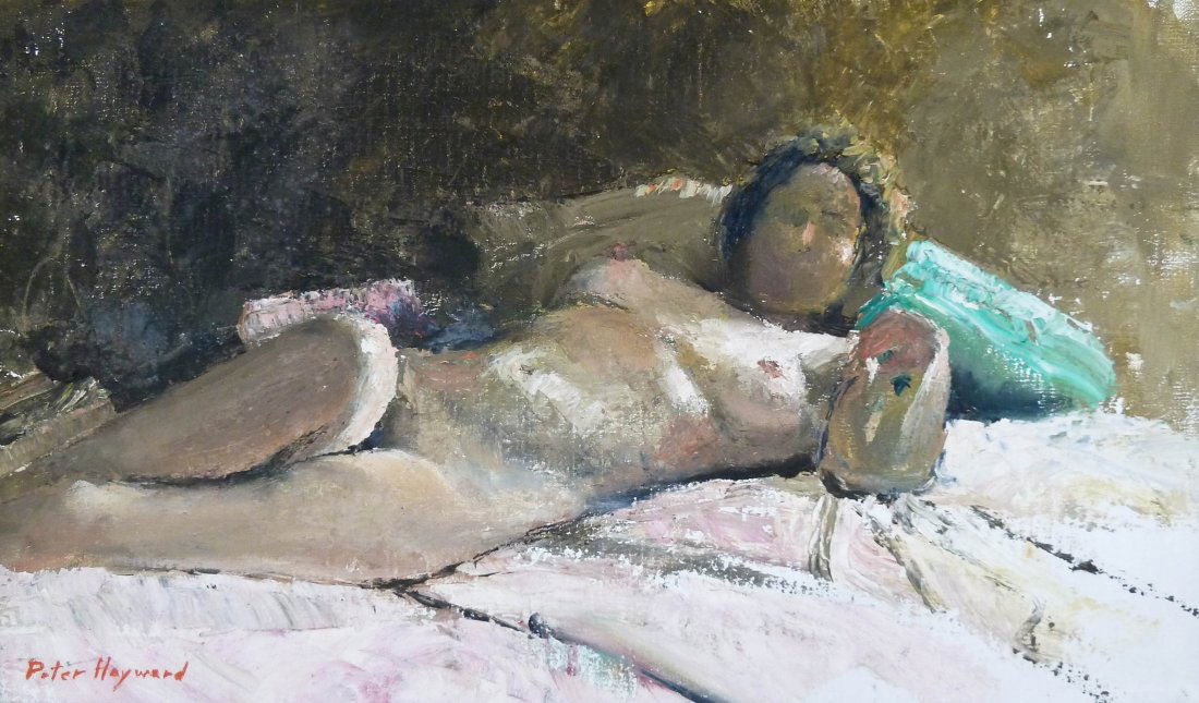Peter Hayward (1905-1993 American) Untitled Reclining: Peter Hayward (1905-1993 American) Untitled Reclining Nude Oil on Canvas 12''x20'' Image. Impressionist painting of nude on bed. Signed l.l. corner. Total framed size 19.5''x27''. Excellent condition.